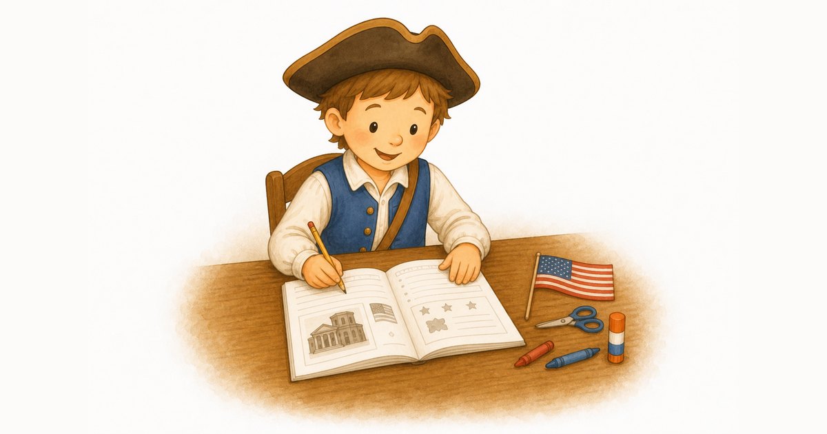 A smiling boy in a colonial tricorn hat writing in an open Independence Day activity book at a wooden table, beside a small American flag, scissors, crayons, and a glue stick