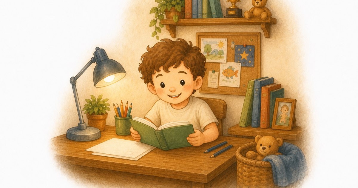A curly-haired child sitting calmly at a cozy wooden desk with an open book, a warm lamp glowing and a teddy bear tucked in a basket nearby, painted in a soft watercolor storybook style