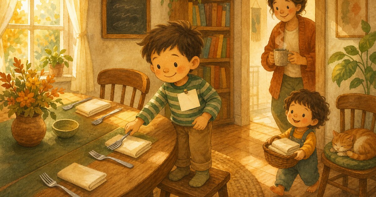 A proud young Table Boss standing on a step stool laying forks and napkins on the family dinner table while a parent watches with a warm mug from the doorway, a cozy watercolor storybook scene