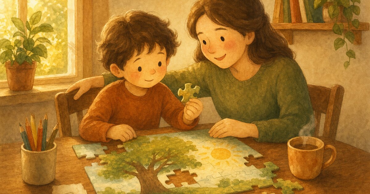 A parent leaning in encouragingly as a young child fits a piece into a half-finished puzzle at a warm kitchen table, painted in a cozy watercolor storybook style