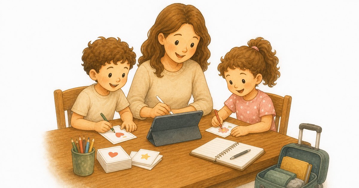 A parent and two children working together at a warm wooden table with a tablet, handmade greeting cards, and an order notebook, a small packed suitcase waiting beside them, painted in a soft watercolor storybook style