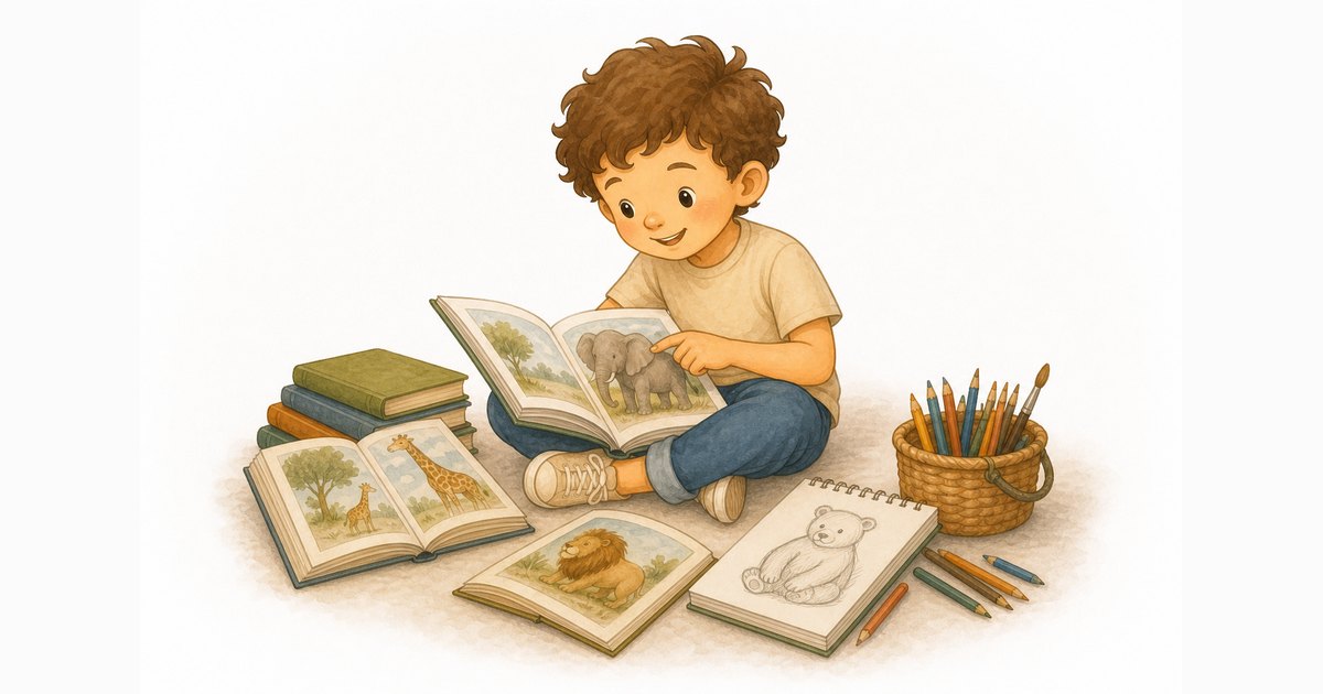 A curly-haired child sitting on the floor pointing at an elephant picture in an open animal book, surrounded by fanned-out library books about giraffes and lions, a sketchpad with a bear drawing, and a basket of colored pencils, in a warm watercolor storybook style