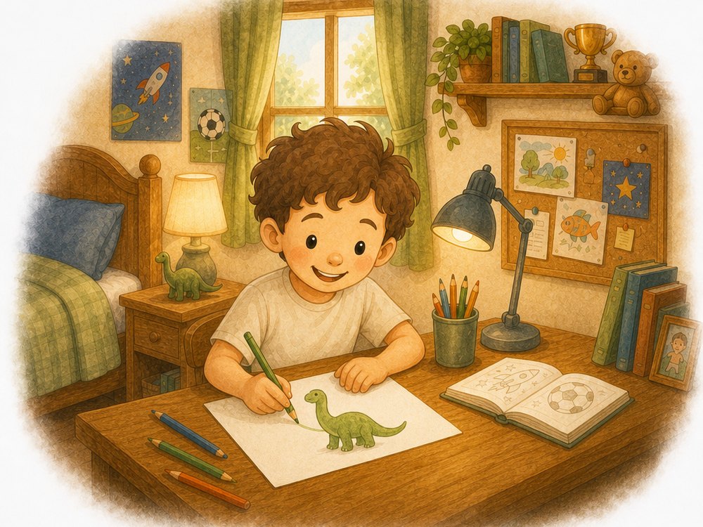 A smiling boy at a warm desk lamp-lit desk drawing a green dinosaur on a big sheet of paper, with a toy dinosaur on the nightstand and colored pencils nearby