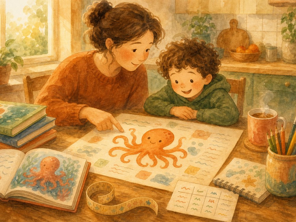 A parent and child at a kitchen table planning a learning week around a child's octopus drawing, with library books, a measuring tape, a sketchbook, and a jar of colored pencils spread around the page