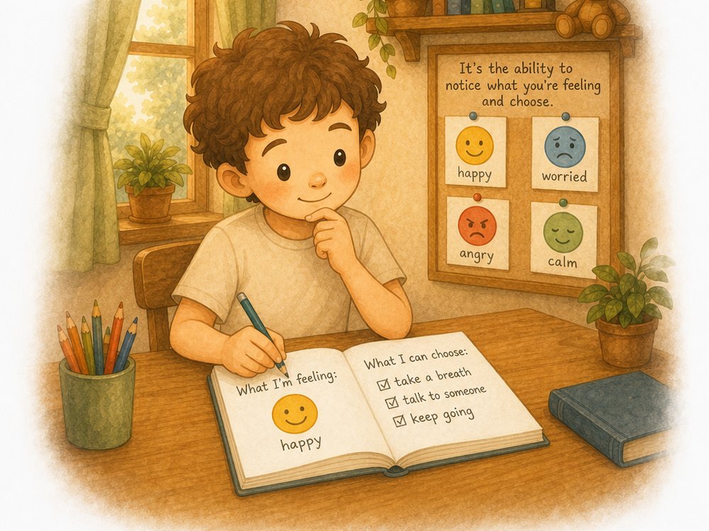 A child writing a happy face in a feelings journal beside a corkboard chart of faces labeled happy, worried, angry, and calm, with a list of choices like take a breath and talk to someone