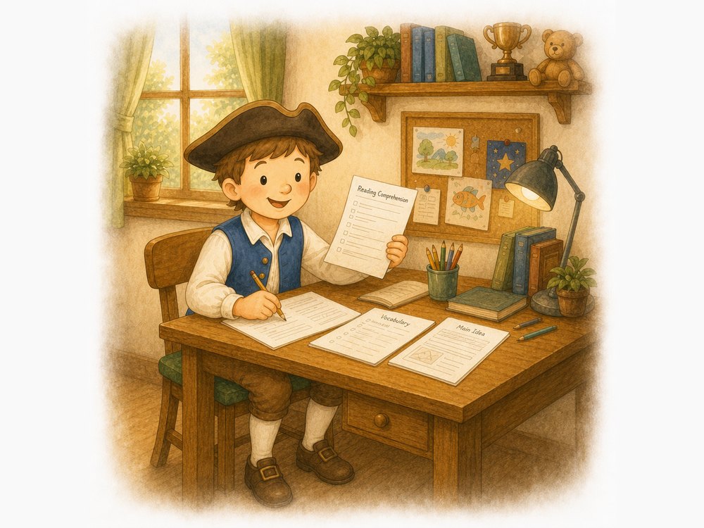 A smiling boy in a tricorn hat holding up a reading comprehension worksheet at a desk spread with vocabulary and main idea pages, pencil still in hand