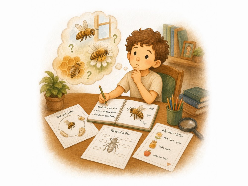 A curly-haired boy at his desk, chin in hand, daydreaming about honeybees in a thought bubble showing a bee at the window, a bee on a daisy, and a bee on honeycomb, with a notebook of bee questions and a bee life cycle worksheet in front of him