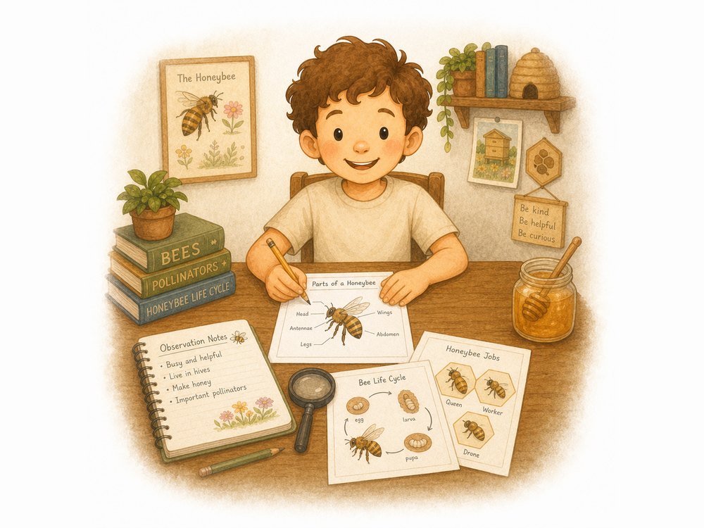A smiling boy at a wooden table surrounded by honeybee unit study pages: a Parts of a Honeybee labeling sheet, a bee life cycle diagram, honeybee jobs cards, observation notes, a magnifying glass, and a jar of honey