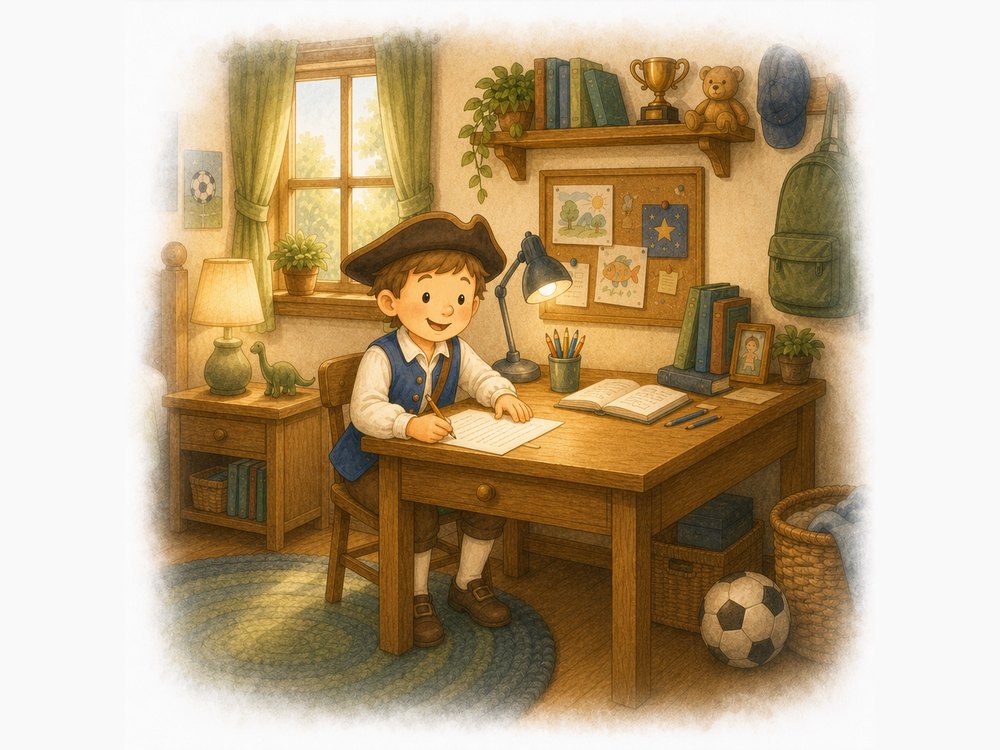 A boy in a blue colonial vest and tricorn hat writing at his desk beside an open book under a warm lamp, with a corkboard of drawings and a green backpack behind him