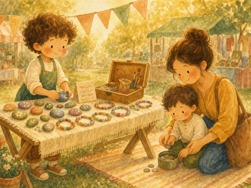 A child arranging painted rocks and beaded bracelets on a market table while a parent helps a younger sibling count coins into a small tin, a travel craft box of supplies open beside them