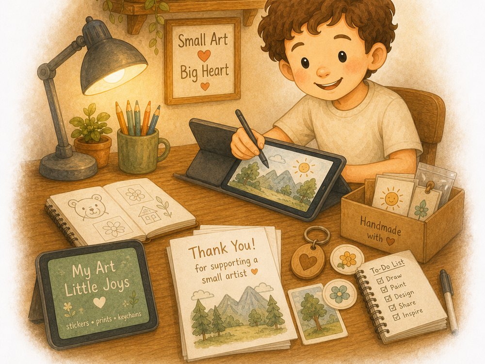 A boy drawing a mountain scene on a tablet at a warm desk surrounded by his small art venture: handmade thank-you cards, stickers, a to-do list, and a box of prints