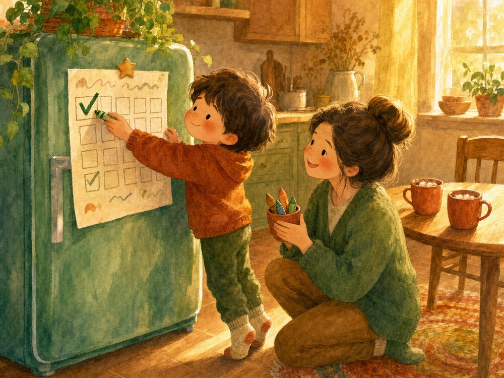 A child on tiptoe adding a proud crayon checkmark to a hand-drawn tracking grid pinned to the refrigerator with a star magnet, while a parent kneels alongside holding a cup of crayons