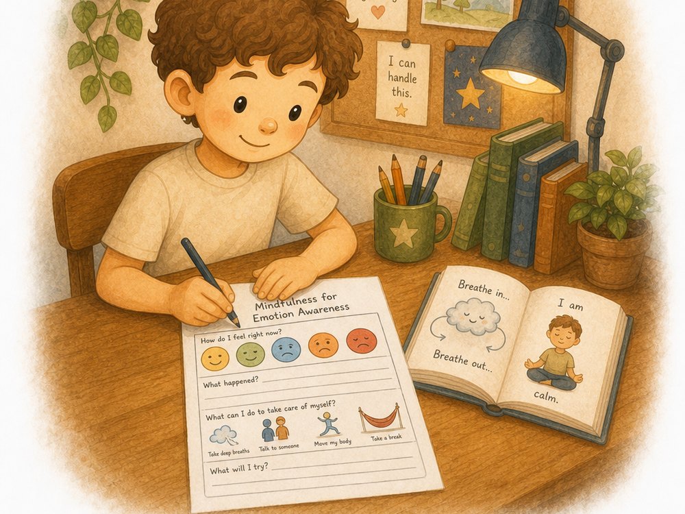 A child filling out a mindfulness worksheet with a row of feeling faces while an open picture book shows a breathe-in, breathe-out exercise and a calm child sitting cross-legged