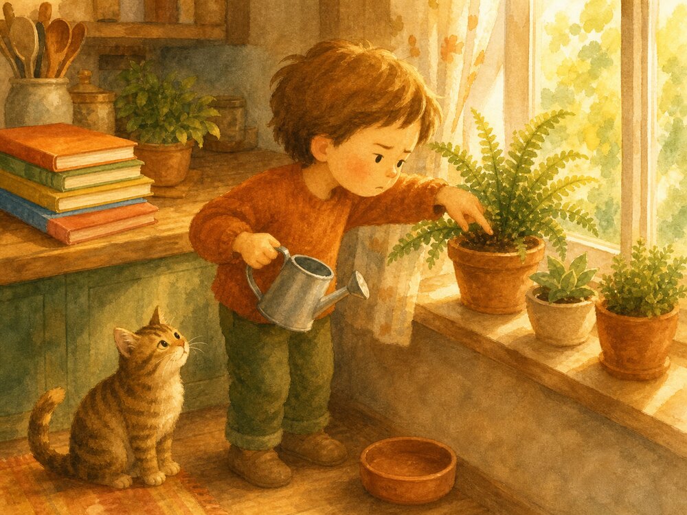 A young Plant & Pet Manager pressing one finger into the soil of a windowsill fern, watering can in hand, while the family cat waits beside its empty food bowl
