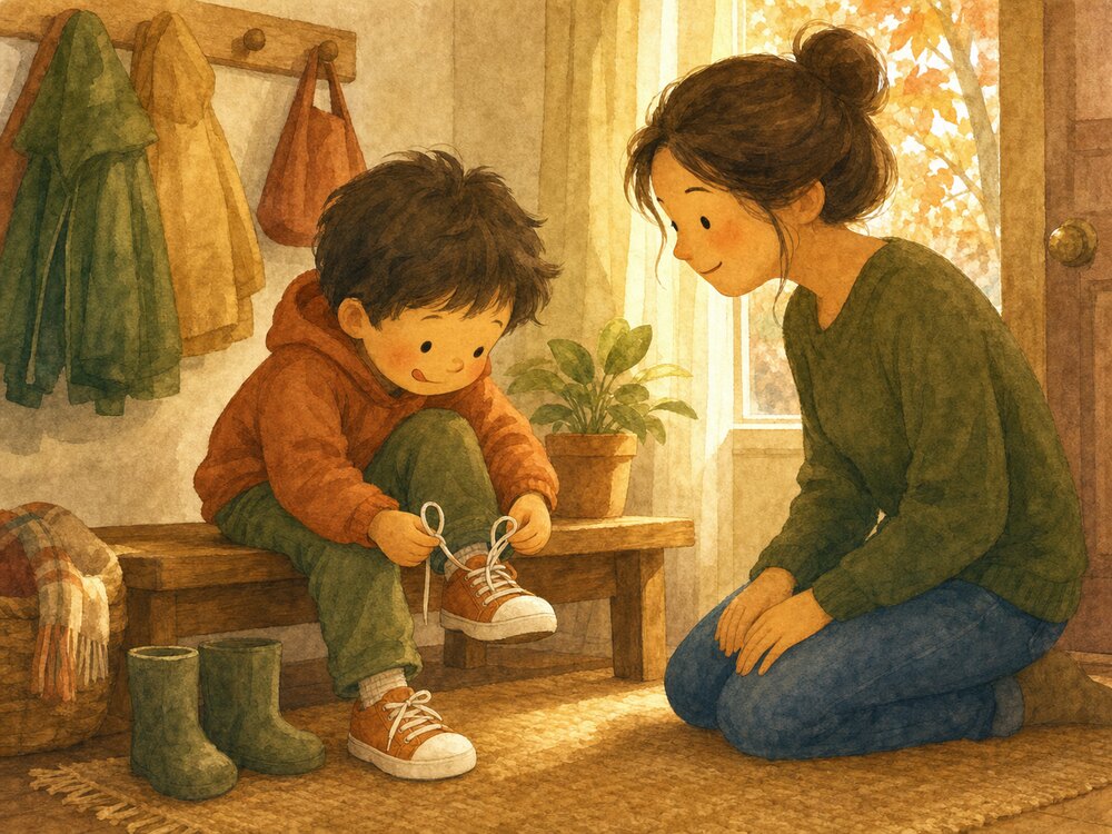 A young child on an entryway bench concentrating hard on tying a sneaker lace while a parent kneels nearby, patiently letting them try