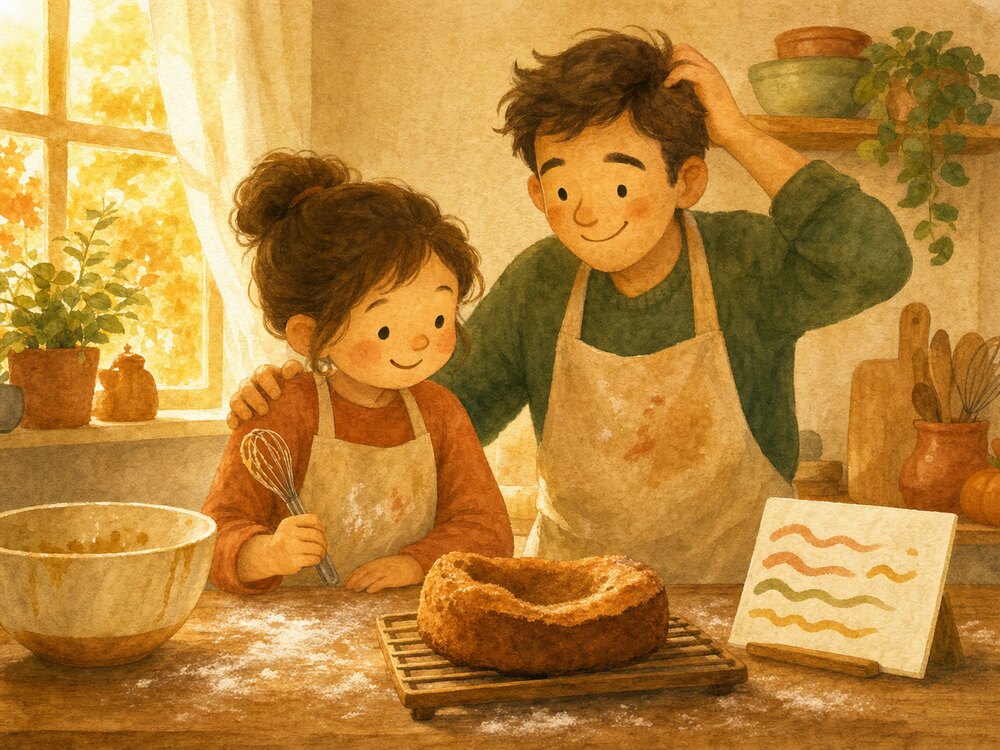 A parent and child in aprons smiling gamely at a lopsided little cake on the kitchen counter, whisk still in hand