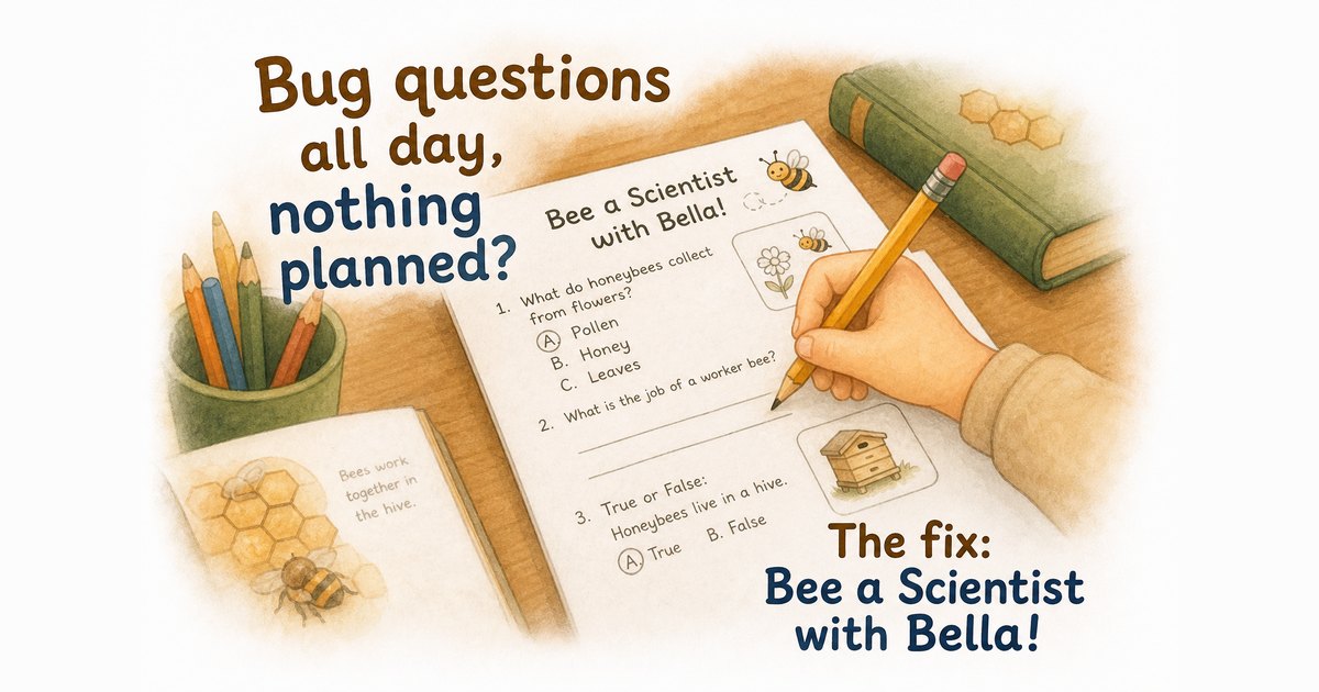 A child's hand holding a pencil over a Bee a Scientist with Bella honeybee quiz page asking what honeybees collect from flowers, beside colored pencils, a honeycomb notebook, and a green book, with text reading 'Bug questions all day, nothing planned? The fix: Bee a Scientist with Bella!'