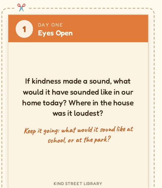 Day 1 'Eyes Open' card from the free printable pack: 'If kindness made a sound, what would it have sounded like in our home today?'