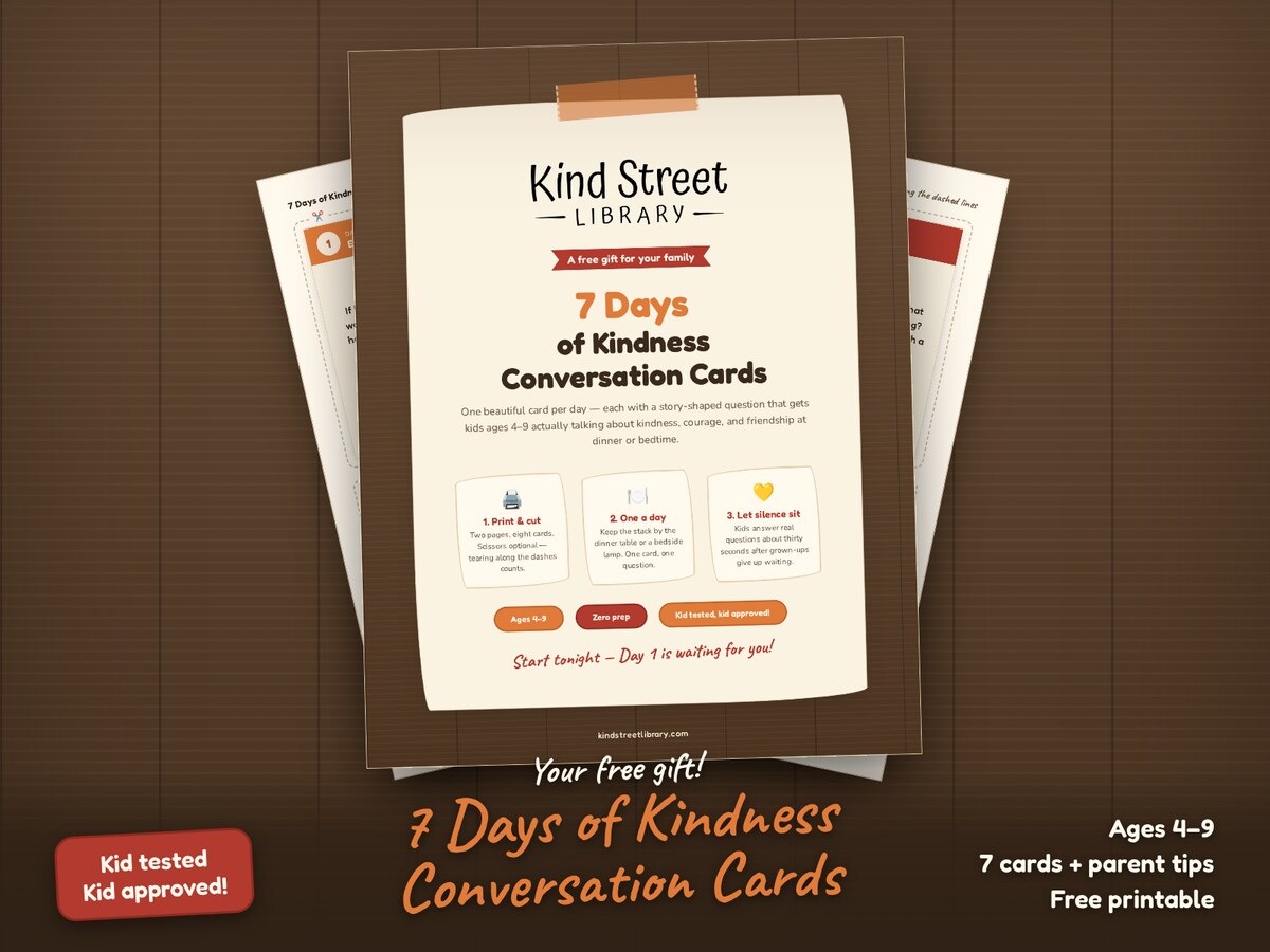 What you'll get: the 7 Days of Kindness Conversation Cards printable — storybook cover and two pages of colorful cut-apart question cards fanned out on a wooden table