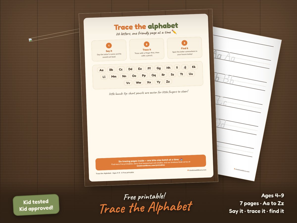 Alphabet tracing worksheets on a wooden table: rows of letters from Aa with an apple to Ee with an egg, each with a solid model letter and fading gray letters to trace on handwriting guides