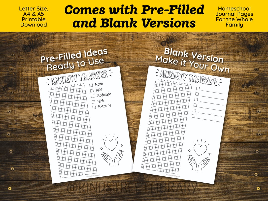 The two included versions of the Anxiety Tracker side by side under the banner 'Comes with Pre-Filled and Blank Versions': a pre-filled grid with five levels from None to Extreme, and a blank grid with empty checkboxes to label yourself