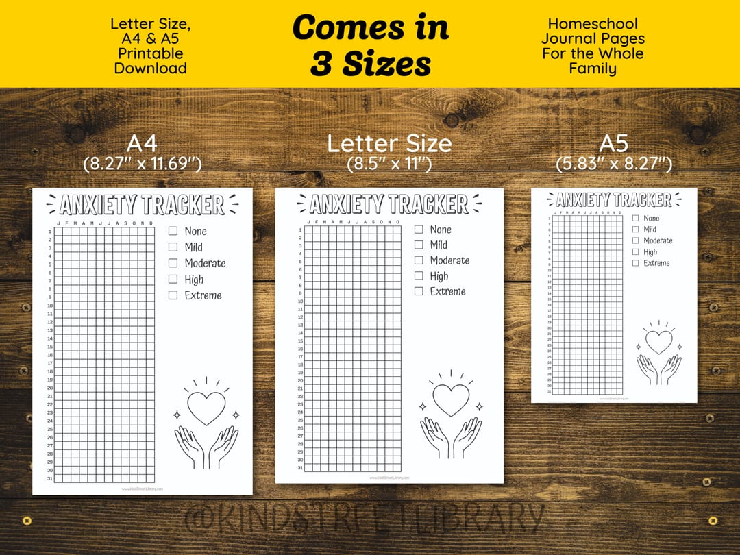 The Anxiety Tracker shown in its three print sizes (A4, US Letter, and A5) side by side on a wooden table beneath a 'Comes in 3 Sizes' banner