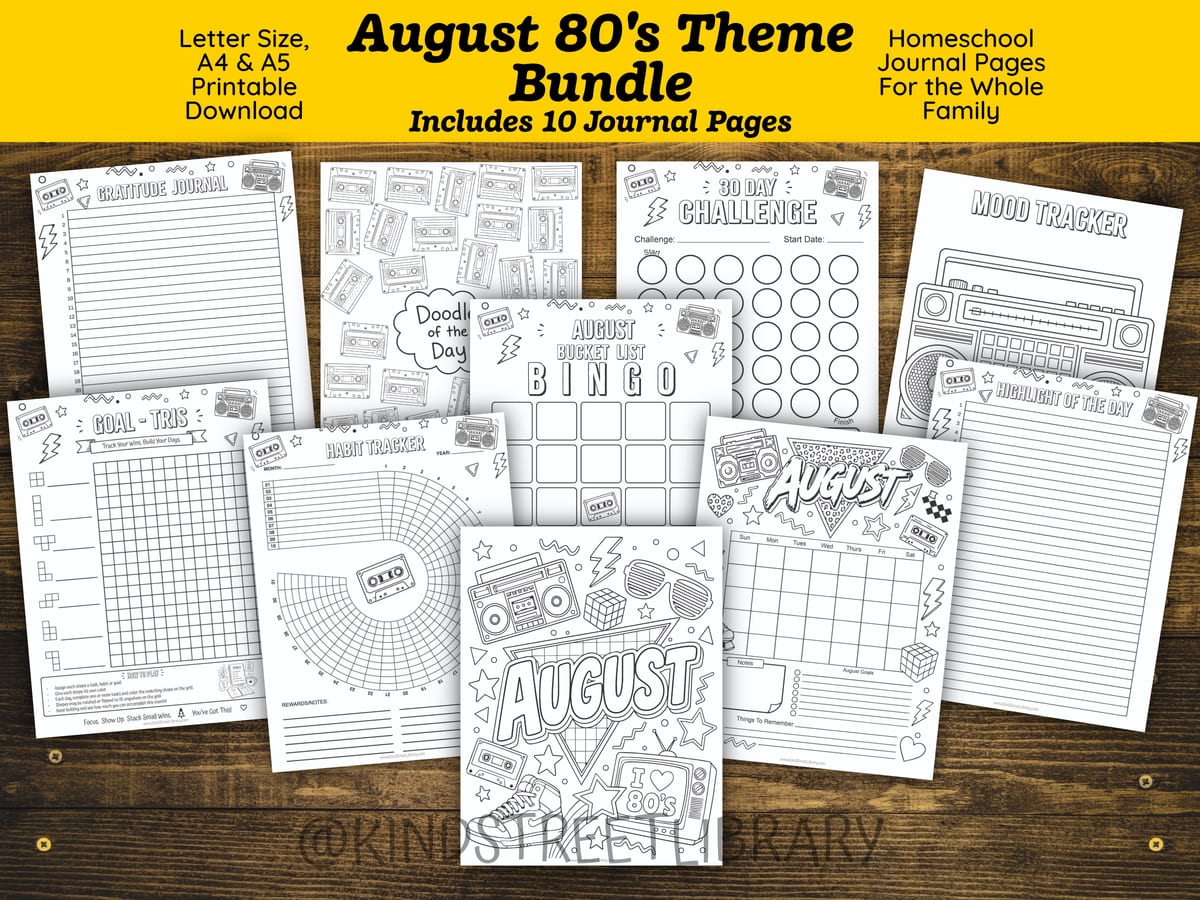 The August 80s Theme journal bundle spread on a wooden table, with ten black-and-white coloring-style pages with boomboxes, cassette tapes, and shutter shades: an August title page, calendar, mood tracker, gratitude journal, Goal-Tris, habit tracker, bucket-list bingo, and 30-day challenge
