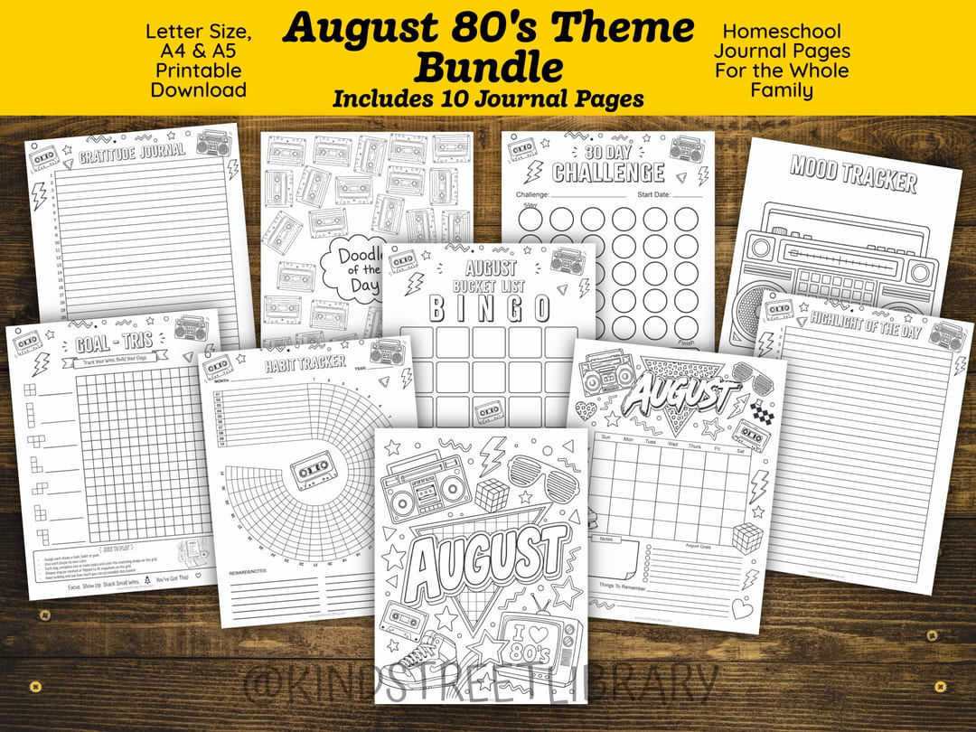 Cover graphic for the 'August 80's Theme Bundle' showing all ten journal pages fanned across a wooden desk, including 'Gratitude Journal', 'Goal-Tris', '30 Day Challenge', 'Mood Tracker', 'August Bucket List Bingo', 'Habit Tracker', and a retro 'August' coloring cover
