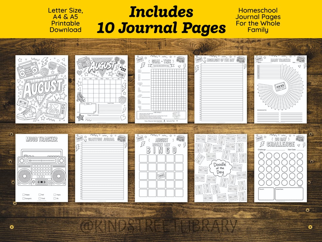 'Includes 10 Journal Pages' overview laying out every page in the bundle: the August coloring cover and calendar, 'Goal-Tris', 'Highlight of the Day', 'Habit Tracker', 'Mood Tracker', 'Gratitude Journal', 'August Bucket List Bingo', 'Doodle of the Day', and '30 Day Challenge'