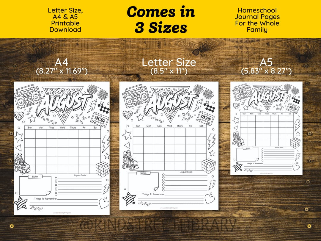 'Comes in 3 Sizes' chart showing the 80s-style August calendar page in A4 (8.27 x 11.69 inches), US Letter (8.5 x 11 inches), and A5 (5.83 x 8.27 inches)