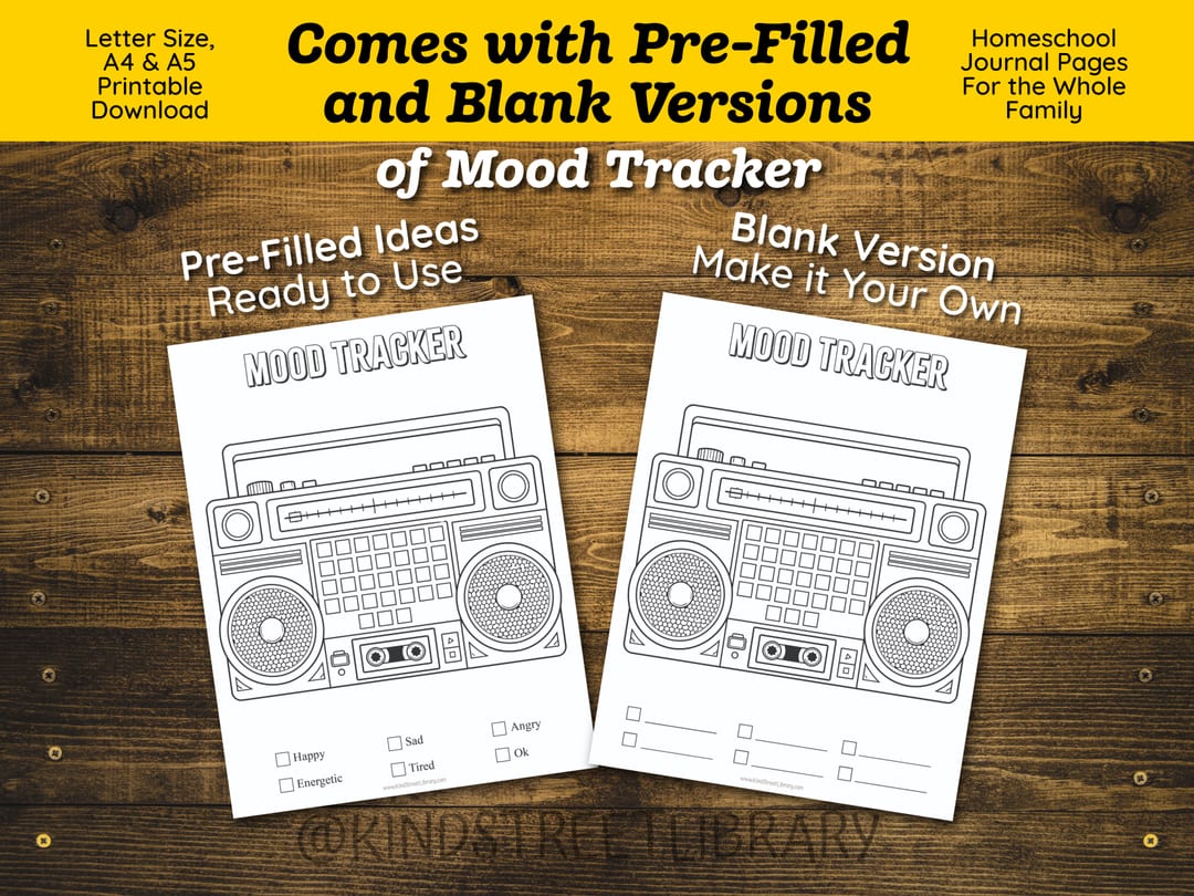 'Comes with Pre-Filled and Blank Versions of Mood Tracker' comparison showing two boombox coloring pages: one with ready-made moods like Happy, Sad, and Energetic to check off, and one with blank write-in lines