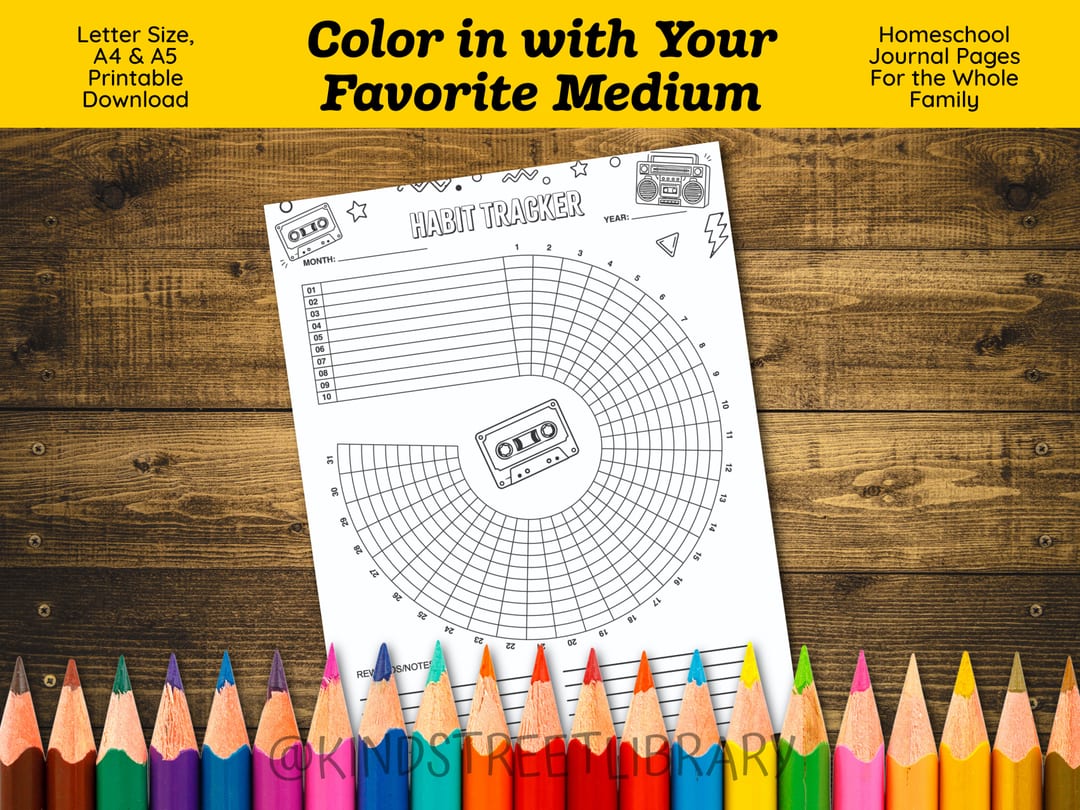 'Color in with Your Favorite Medium' graphic showing the 'Habit Tracker' page with its circular cassette-tape tracking grid above a rainbow row of sharpened colored pencils