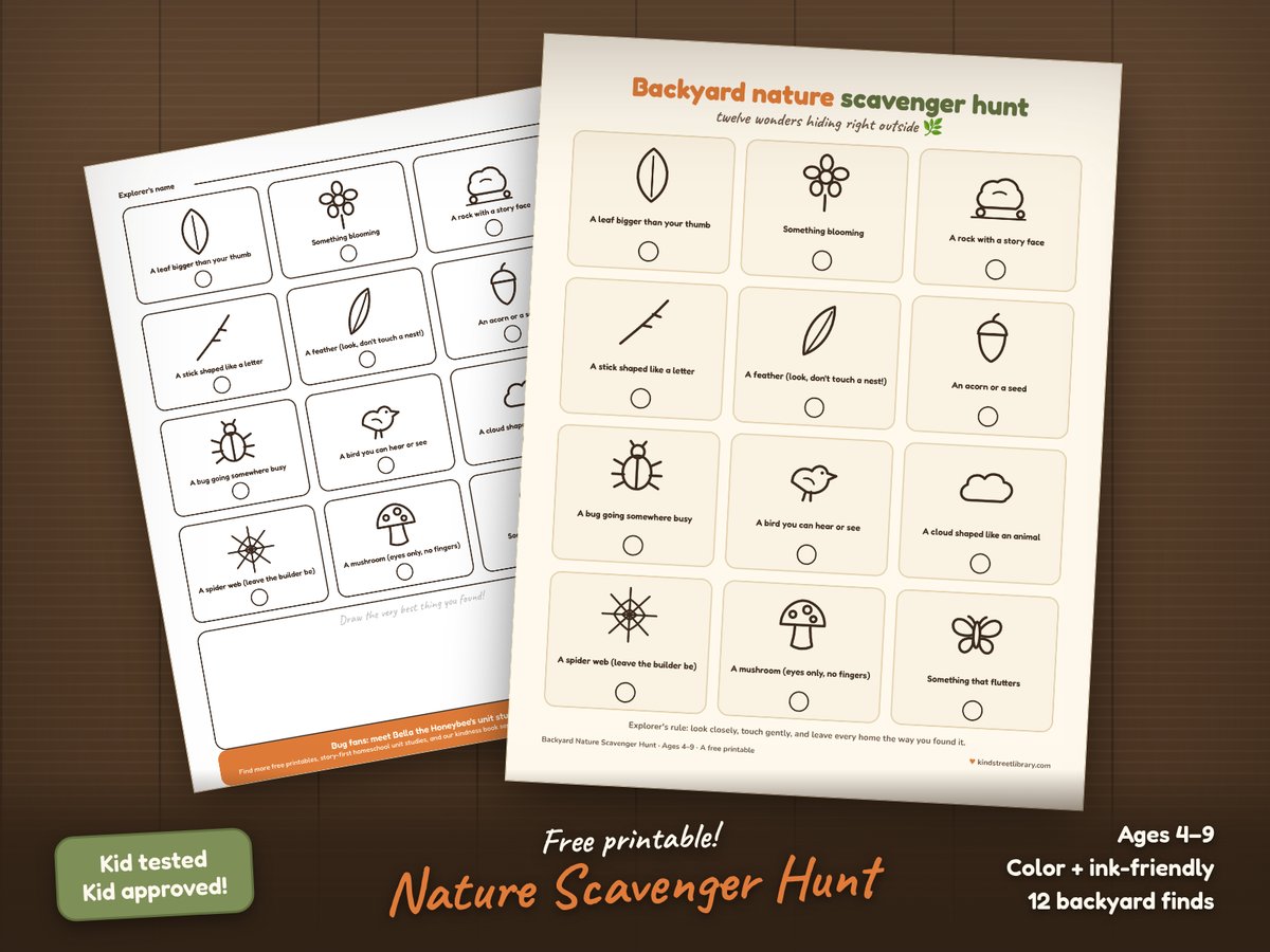The backyard nature scavenger hunt on a wooden table: a grid of twelve find cards with line icons of a leaf, flower, feather, acorn, bug, bird, spider web, and mushroom, each with a checkbox