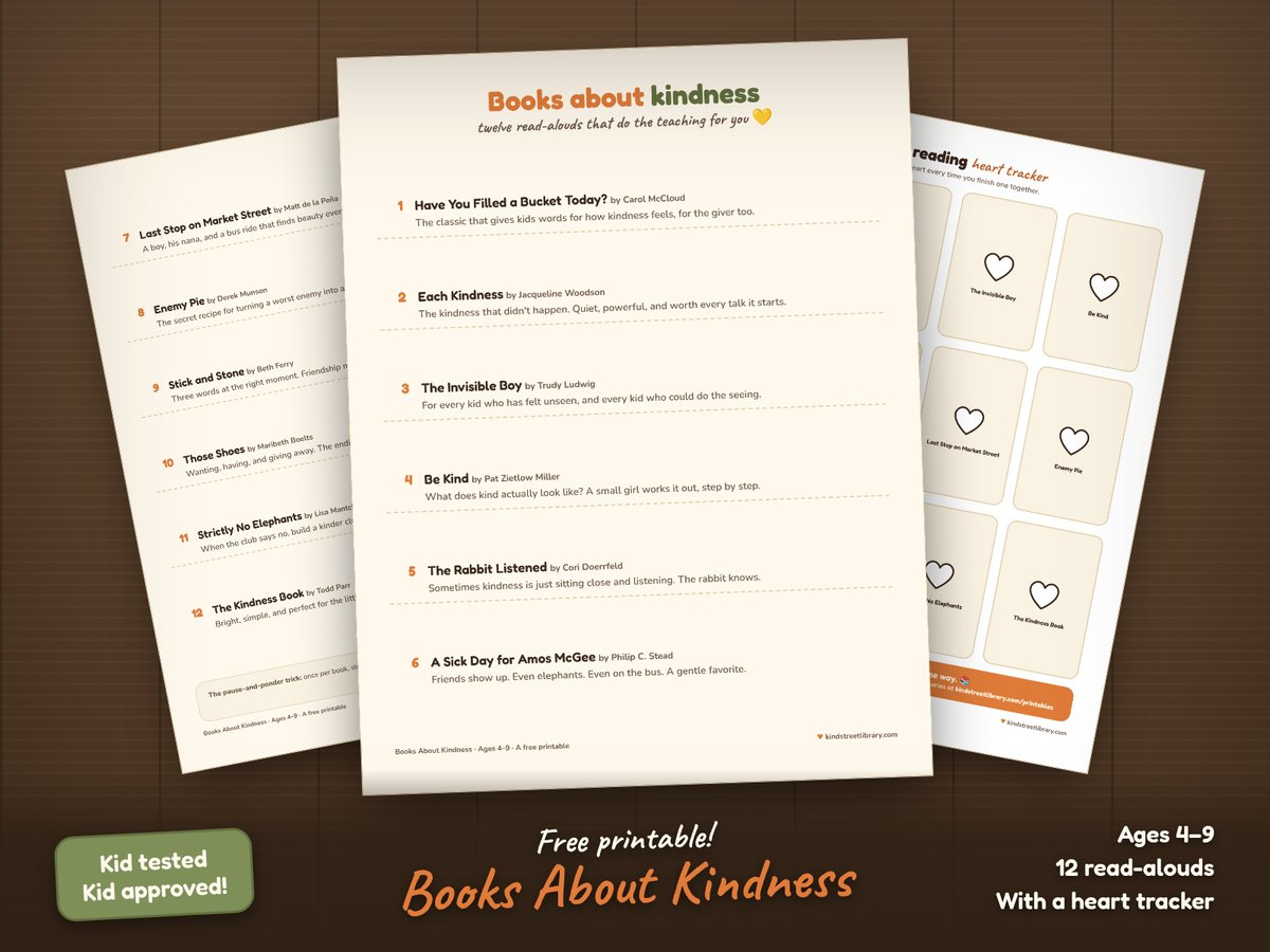 The books about kindness printable on a wooden table: a numbered list of twelve picture books with authors and one-line notes, and a tracker page of twelve outline hearts to color in