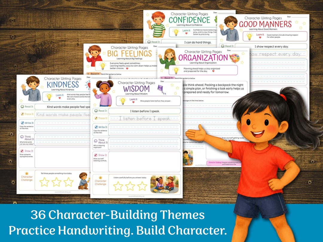 '36 Character-Building Themes' graphic with fanned pages for Confidence, Good Manners, Big Feelings, Organization, Kindness, and Wisdom, and a girl in a red shirt pointing at them