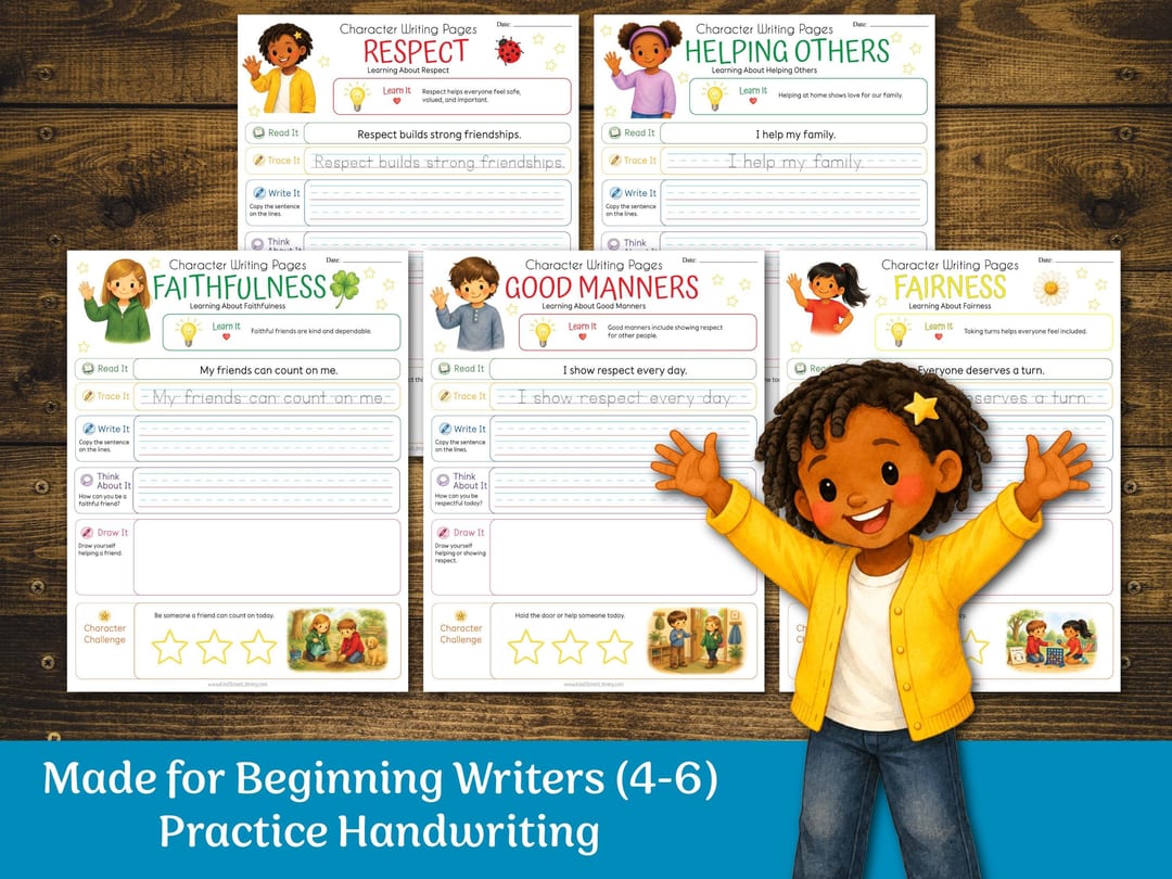 'Made for Beginning Writers (4-6)' graphic with character writing pages for Respect, Helping Others, Faithfulness, Good Manners, and Fairness, each with a short sentence to read, trace, and write, and a girl in a yellow cardigan cheering