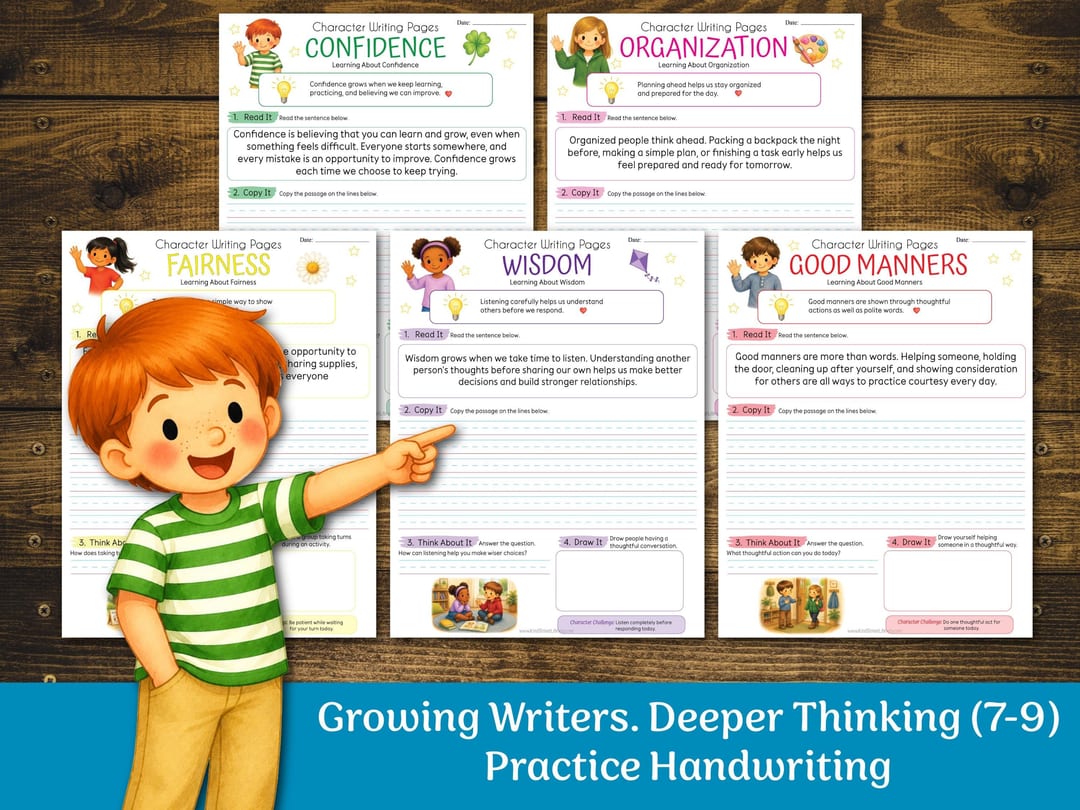 'Growing Writers, Deeper Thinking (7-9)' graphic with character writing pages for Confidence, Organization, Fairness, Wisdom, and Good Manners, each with a short paragraph to read, a passage to copy, and a think-about-it question, presented by a red-haired boy in a striped shirt