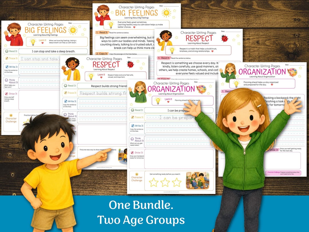 The same character trait pages shown at the ages 4 to 6 and ages 7 to 9 levels
