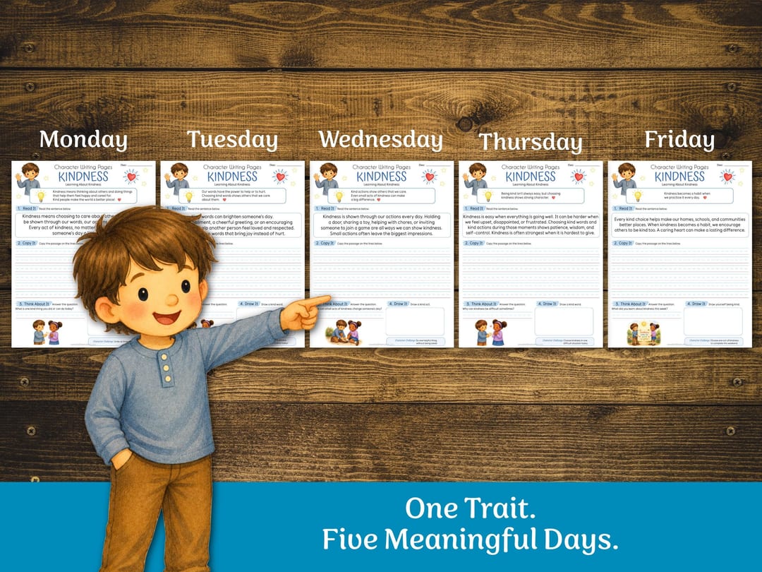 'One Trait, Five Meaningful Days' graphic showing five Kindness pages lined up under Monday through Friday, with a boy in a blue shirt pointing at them