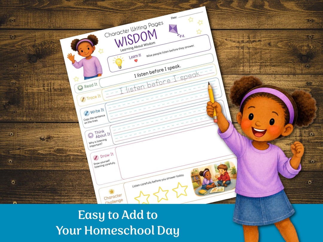 'Easy to Add to Your Homeschool Day' graphic showing a single Wisdom page up close: Learn It, Read It ('I listen before I speak'), Trace It, Write It, Think About It, Draw It, and a Character Challenge with stars to color, beside a girl with a purple headband holding a pencil