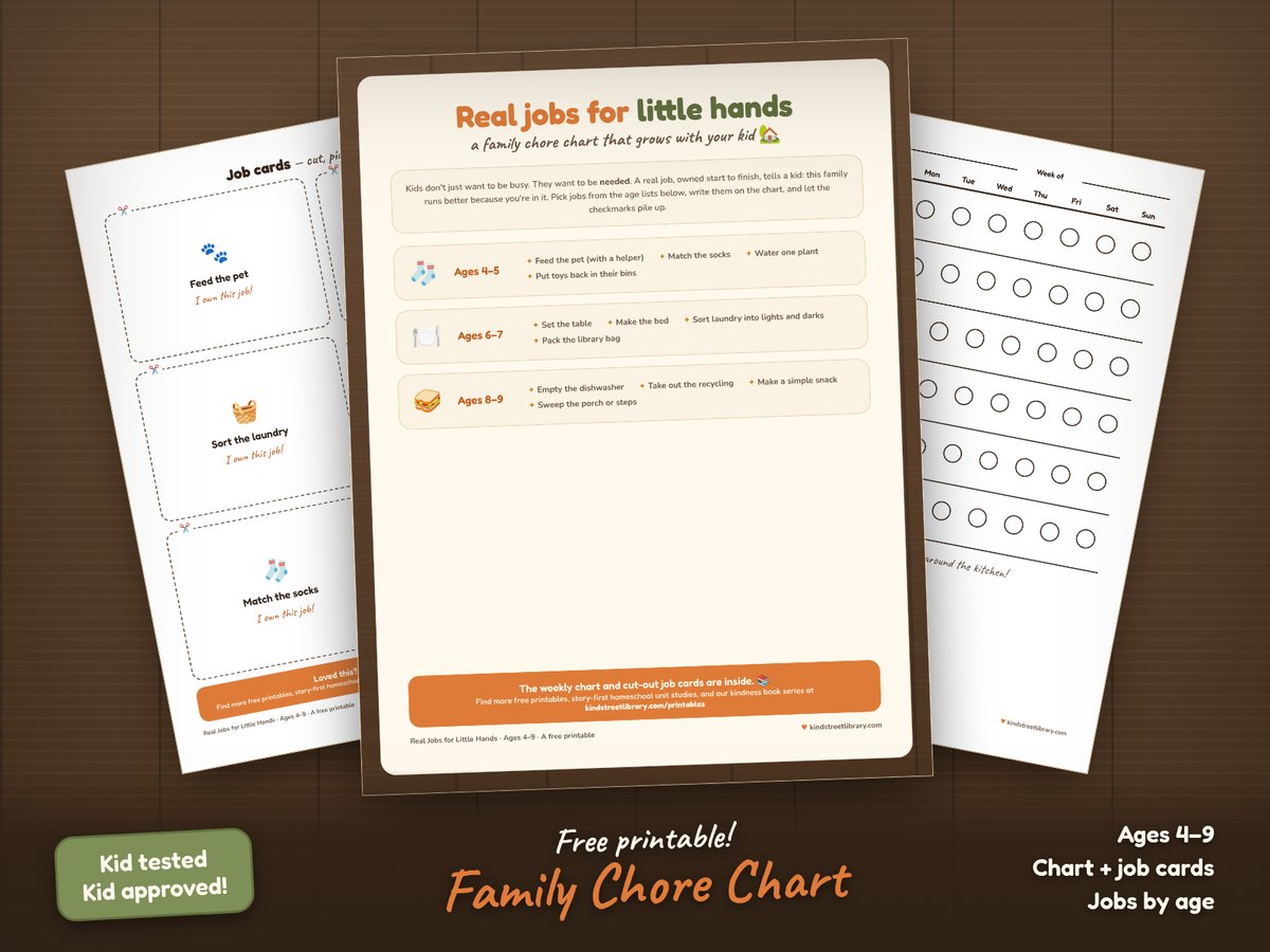 The chore chart printables on a wooden table: the weekly chart with job lines and circles for each day, the age-by-age job ideas page, and cut-out job cards like feed the pet and water the plants