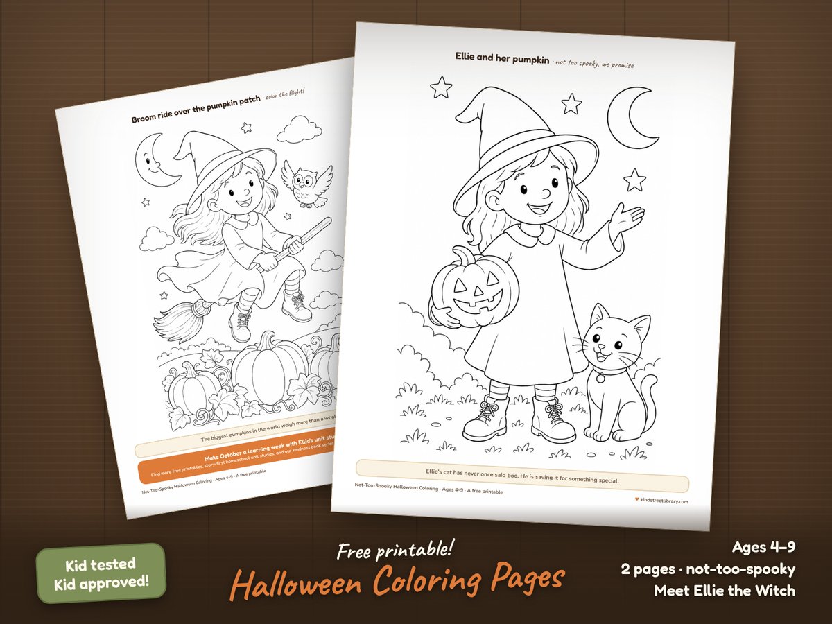 Two not-too-spooky Halloween coloring pages on a wooden table: Ellie the Witch holding a smiling pumpkin beside her cat, and Ellie flying her broom over a pumpkin patch with a friendly owl
