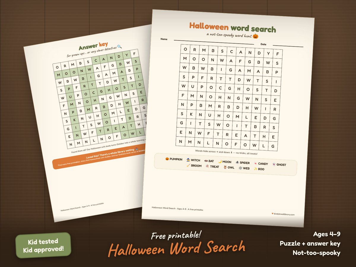 The Halloween word search printable on a wooden table: an 11 by 11 letter grid with a word bank of twelve emoji-labeled words like pumpkin, witch, and bat, next to the answer key page