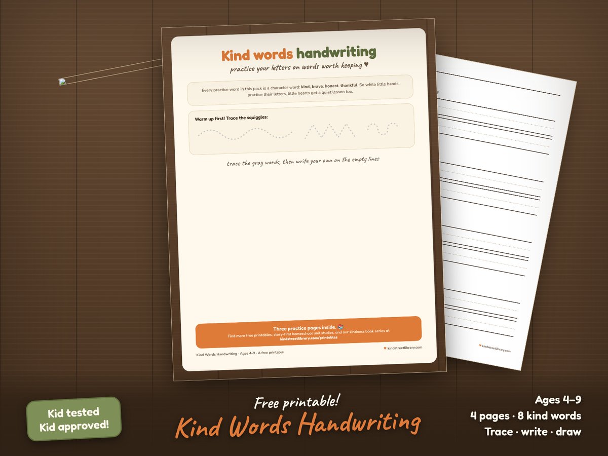 Kind words handwriting pages on a wooden table: the word kind shown solid then traced in fading gray on handwriting guides, with rows for brave, honest, and thankful, and a draw-yourself-being-kind box