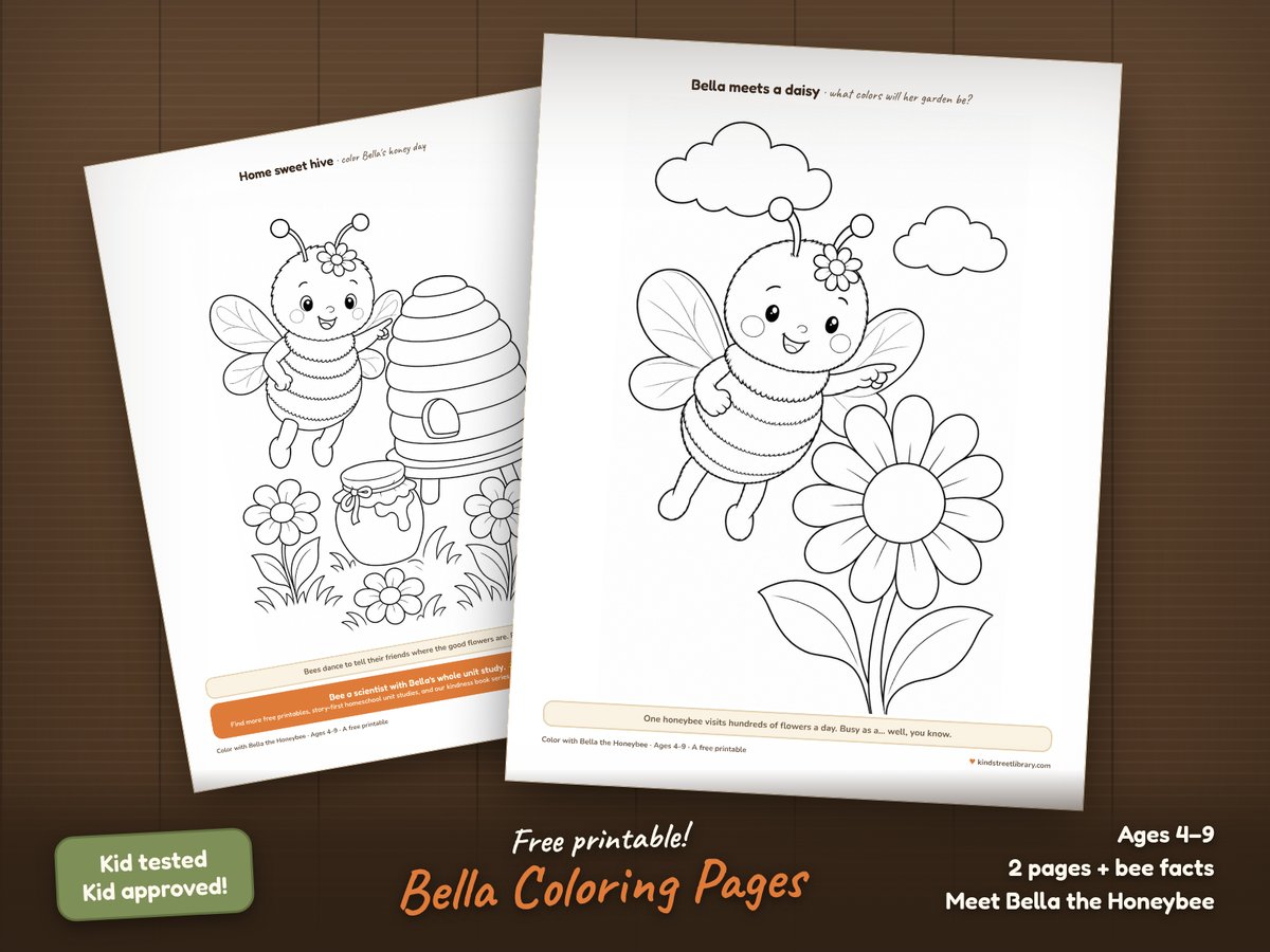 Two honeybee coloring pages on a wooden table: Bella the Honeybee flying beside a big daisy under puffy clouds, and Bella hovering by her hive with a honey pot and flowers