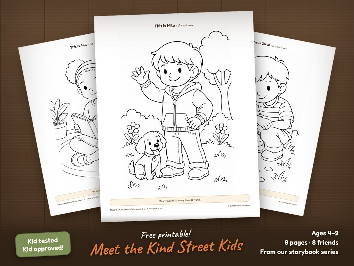 Coloring pages of the Kind Street kids fanned on a wooden table: Milo waving with his dog, Allie reading cross-legged, and Owen crouched to look at a snail on a leaf