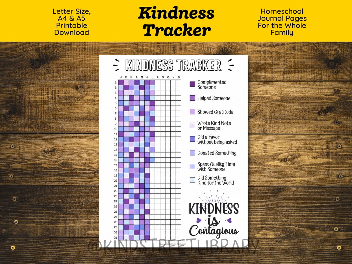The Kindness Tracker printable on a wooden table: a year-at-a-glance grid filled with purple squares, a legend of kind acts, and the motto Kindness is Contagious