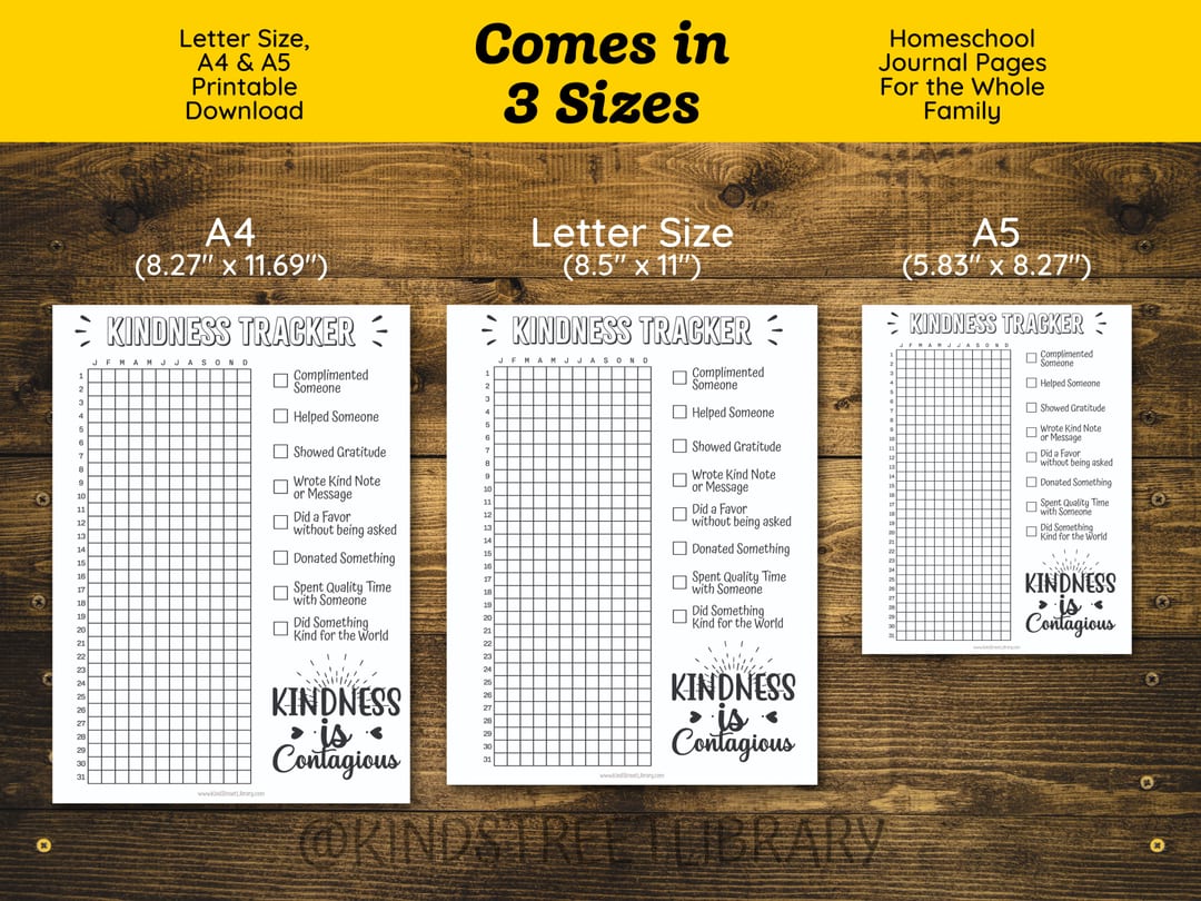The Kindness Tracker shown in its three print sizes (A4, US Letter, and A5), each with the 'Kindness is Contagious' motto