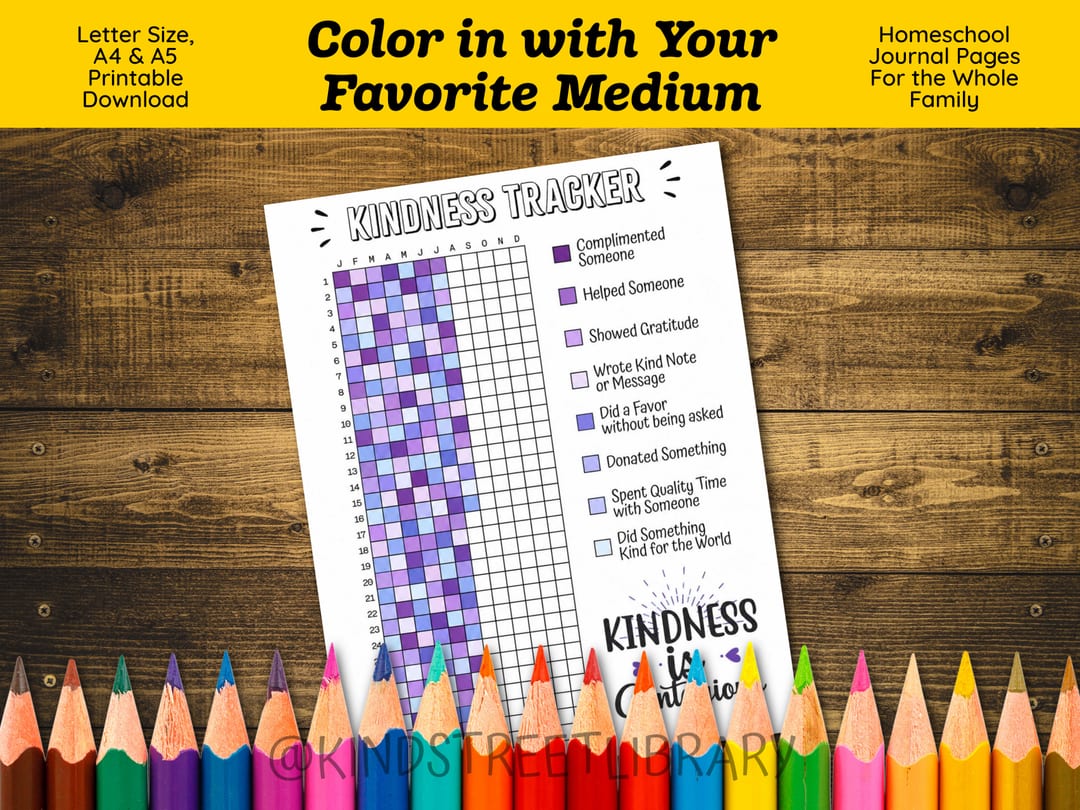 'Color in with Your Favorite Medium' graphic showing the Kindness Tracker grid partly filled in shades of purple above a rainbow row of sharpened colored pencils
