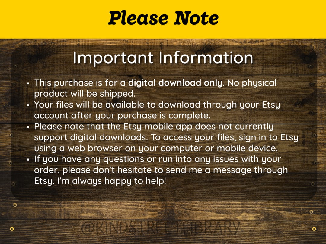'Please Note' information slide explaining the purchase is a digital download only, files arrive through your Etsy account, and the Etsy mobile app does not currently support digital downloads